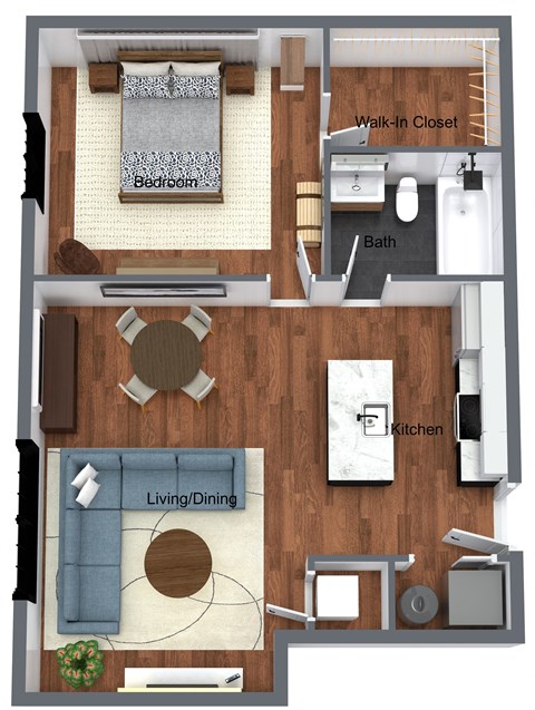 Floor plan for 1 bed, 1 bath, 737 sqft
